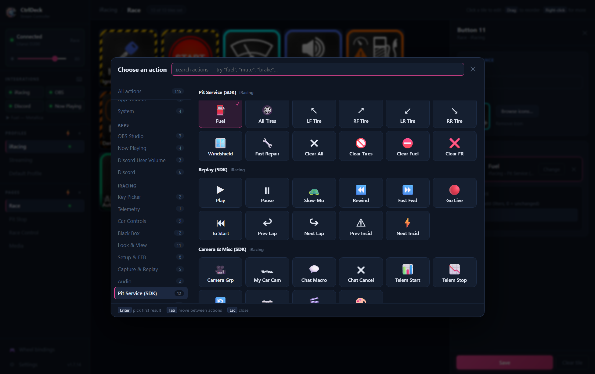 Action browser with categories and search