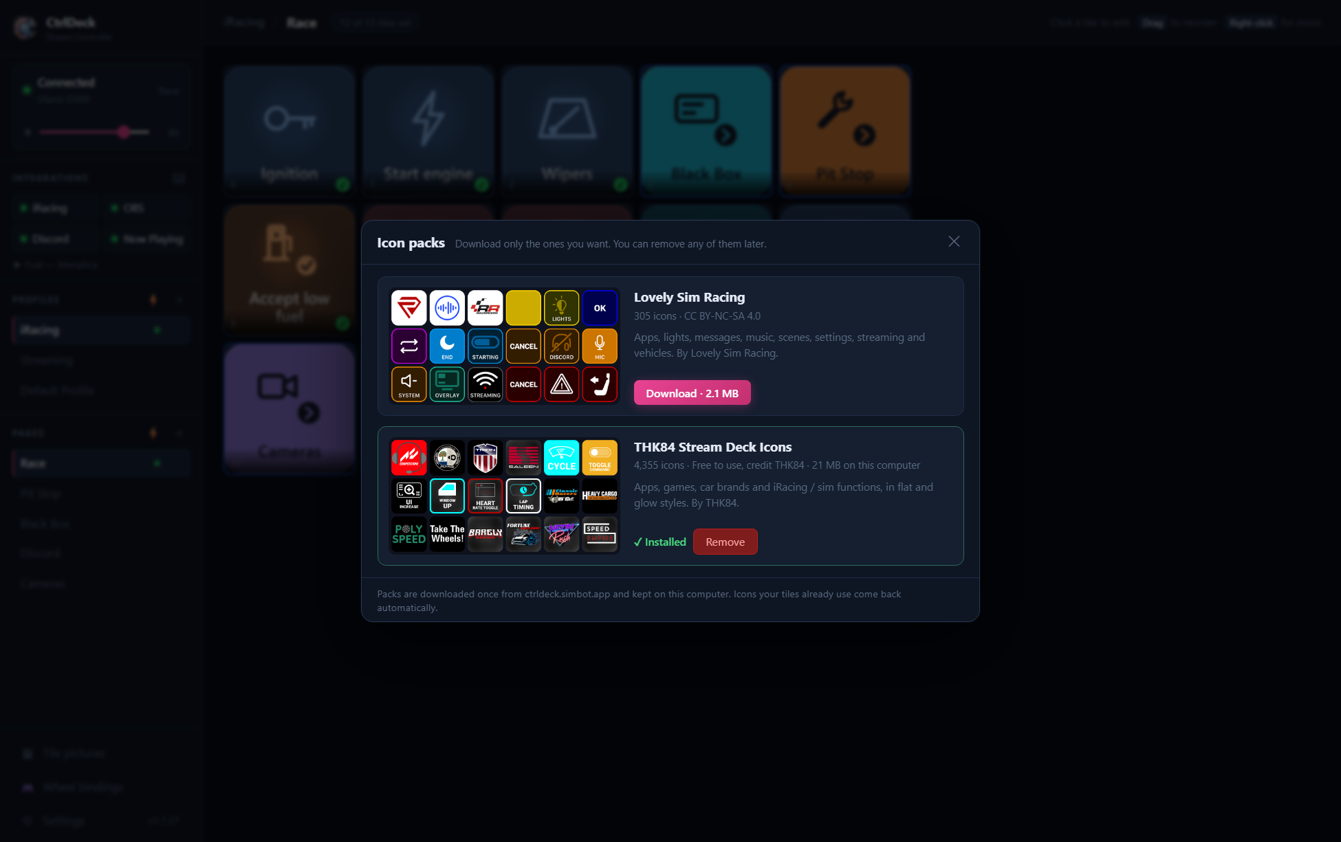 Icon packs window with a preview of each pack and Download and Remove buttons