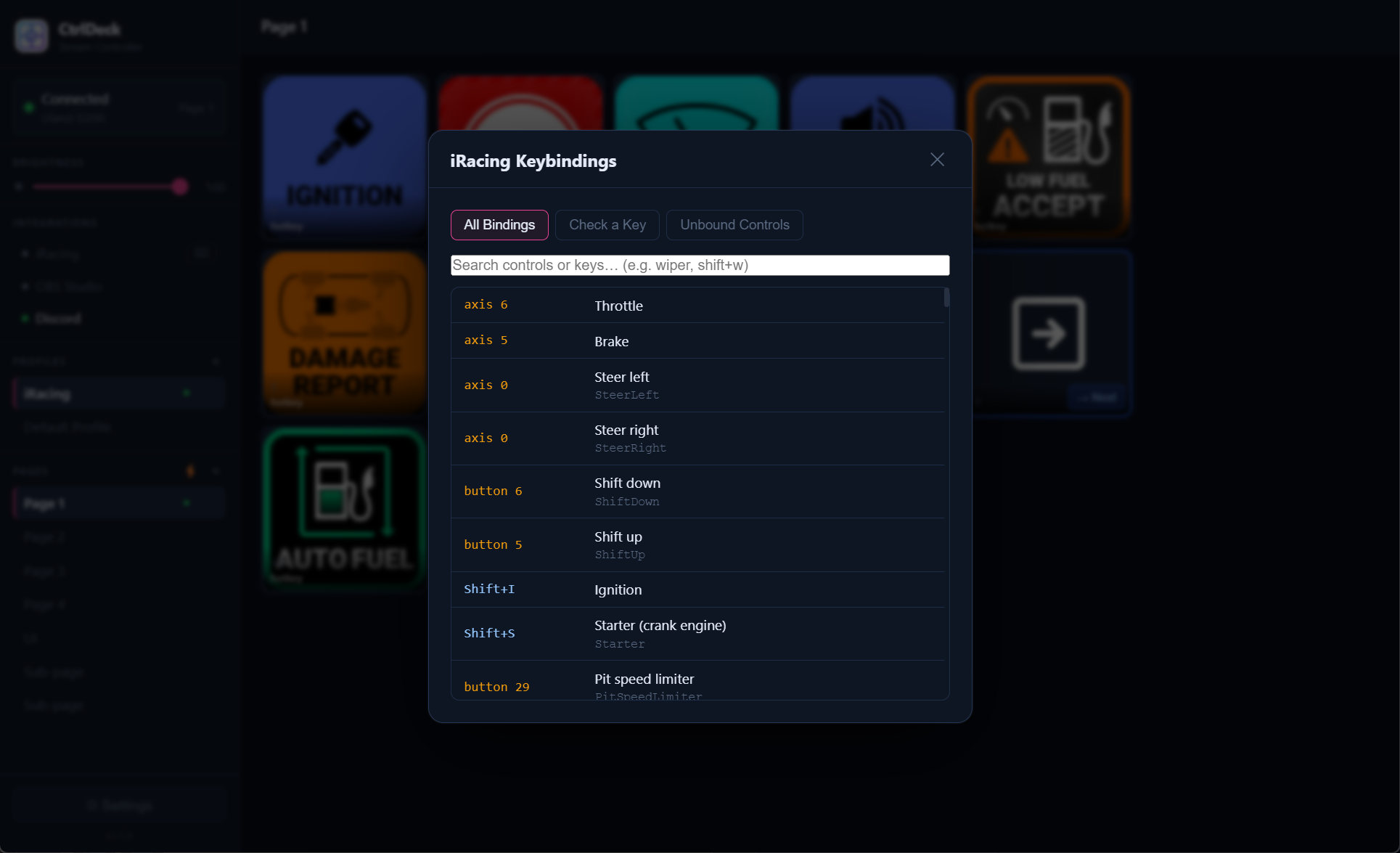 iRacing keybindings browser
