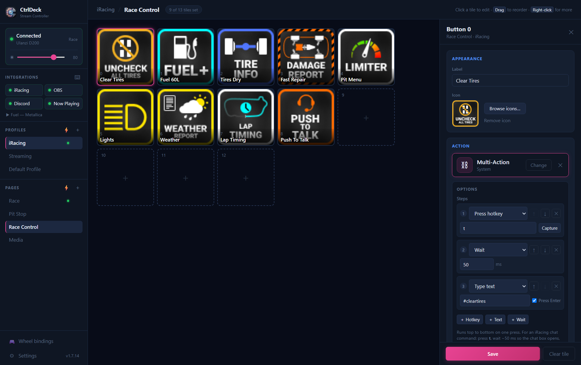 Multi-Action step editor building an iRacing chat command