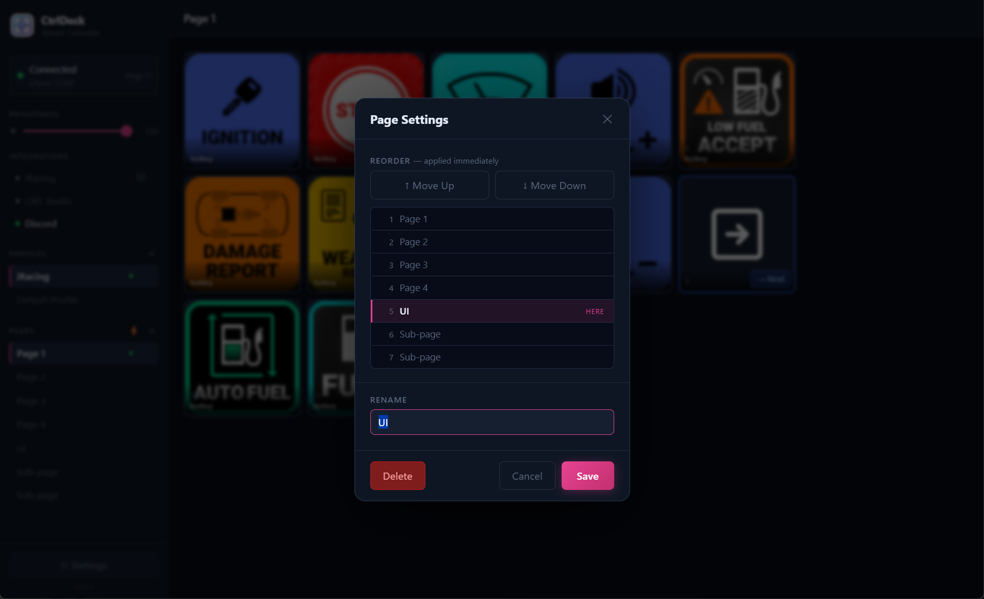 Page settings modal