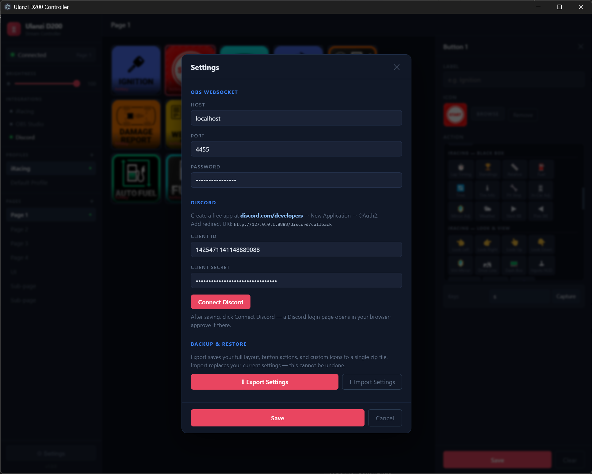Settings panel